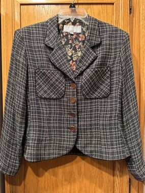 Dorothy Schoelen Platinum Petites Plaid Greyish Brown Blazer w/Floral Lining 6
